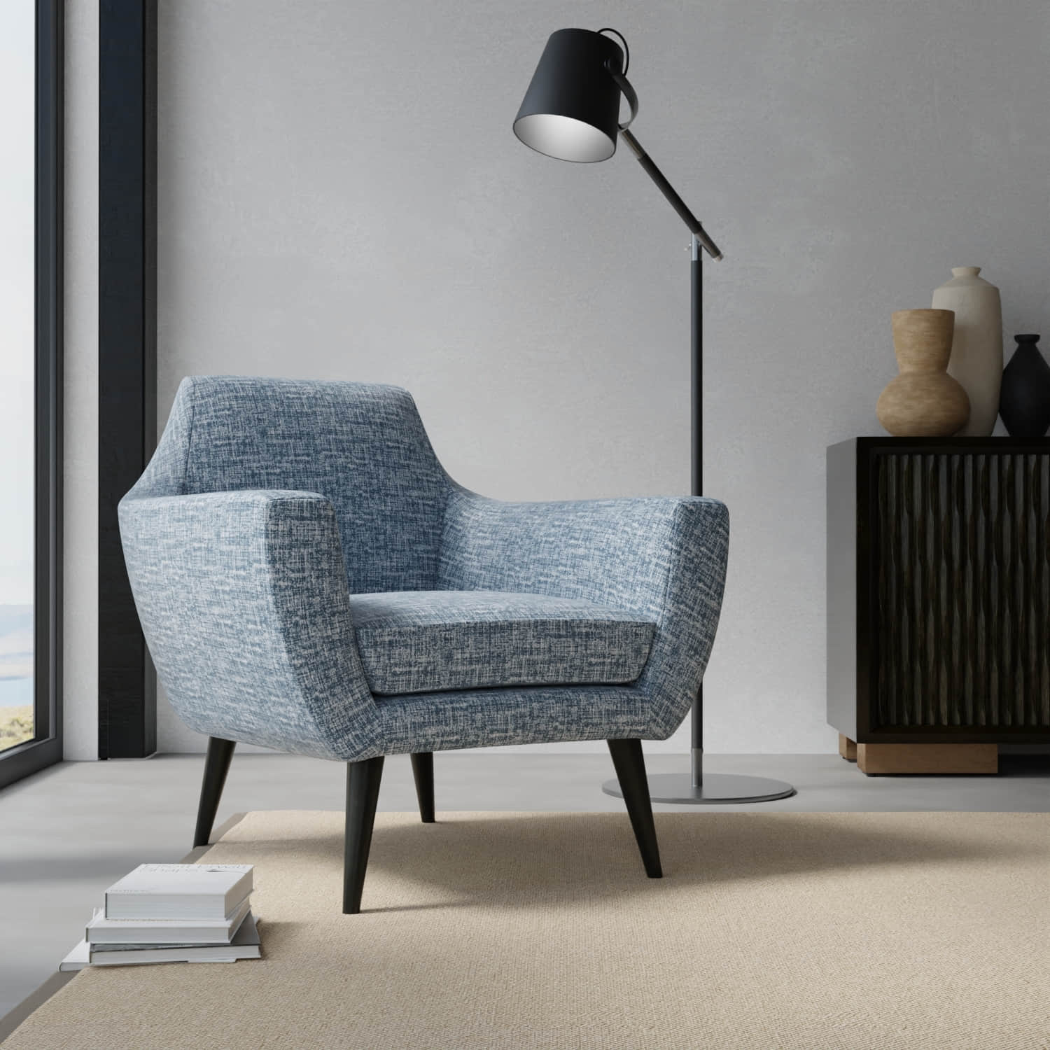 Callaway Denim upholstered on a contemporary chair
