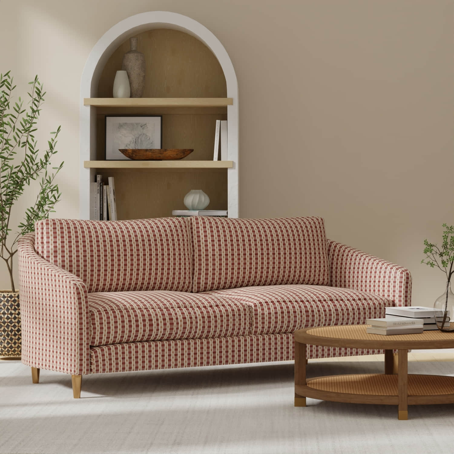 Clayton Pomegranate upholstered on a couch