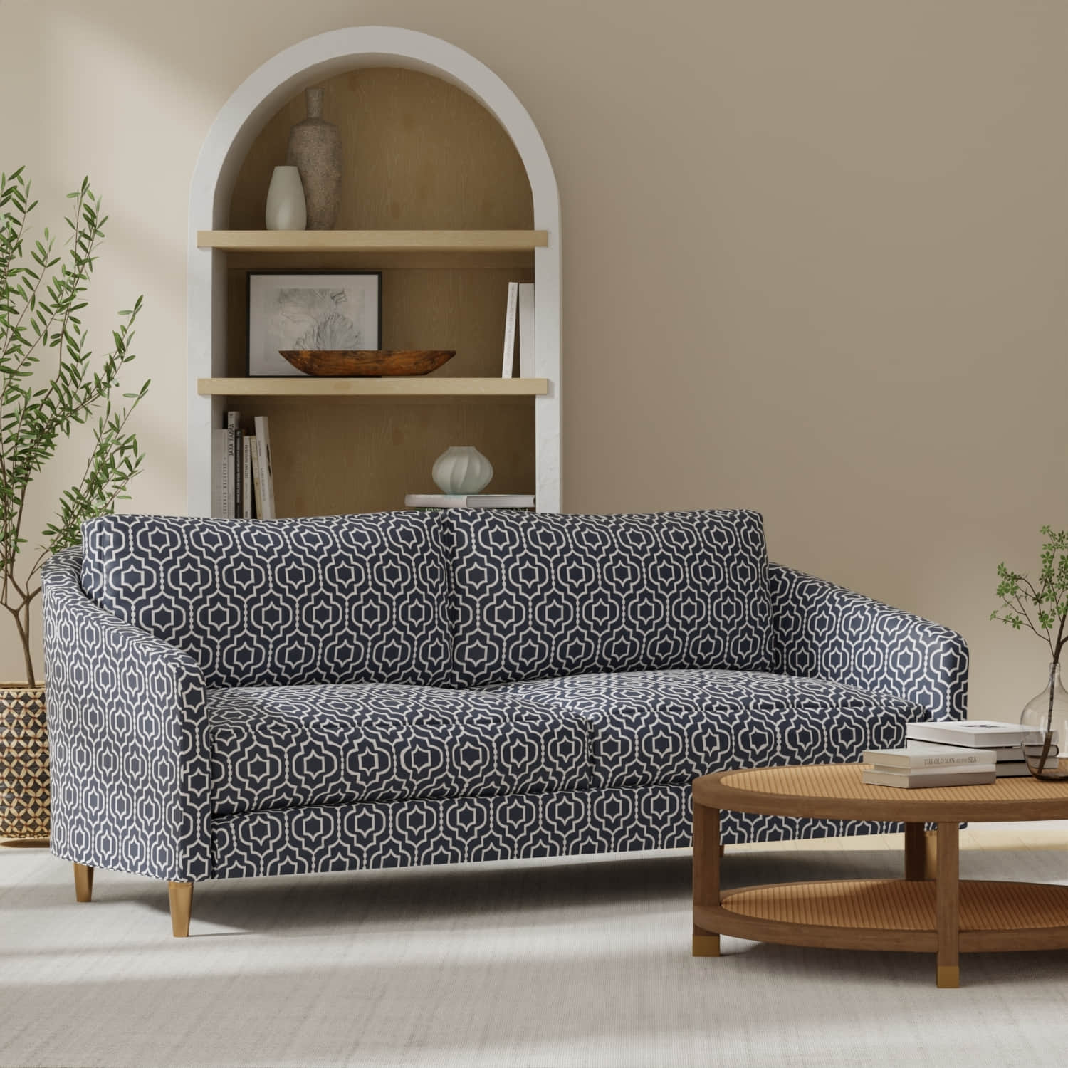 Corwin Navy upholstered on a couch