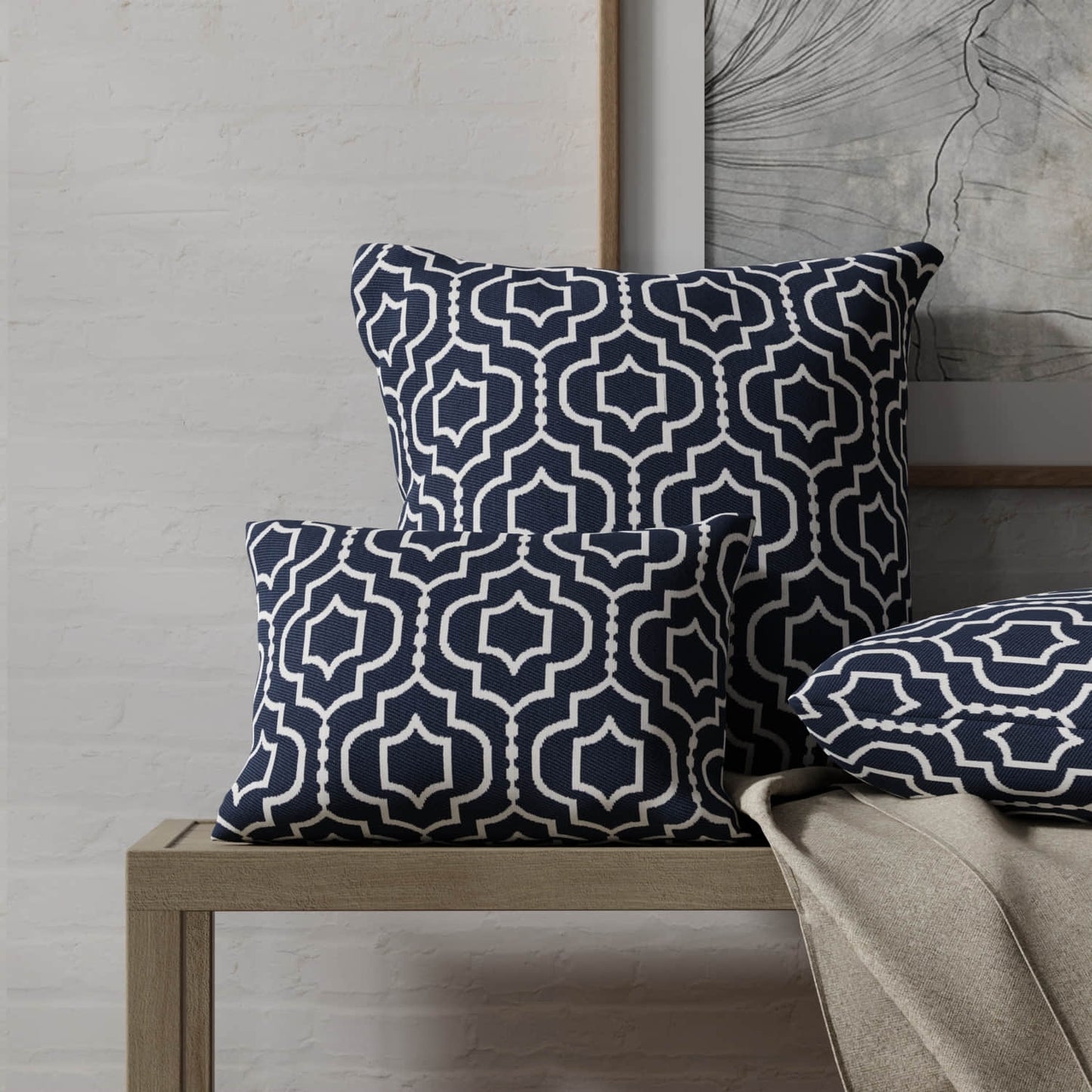 Corwin Navy made up on pillows