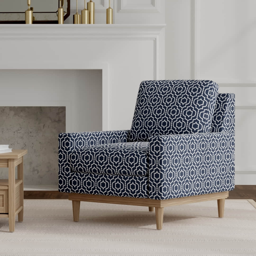 Corwin Navy upholstered on a mid century modern chair