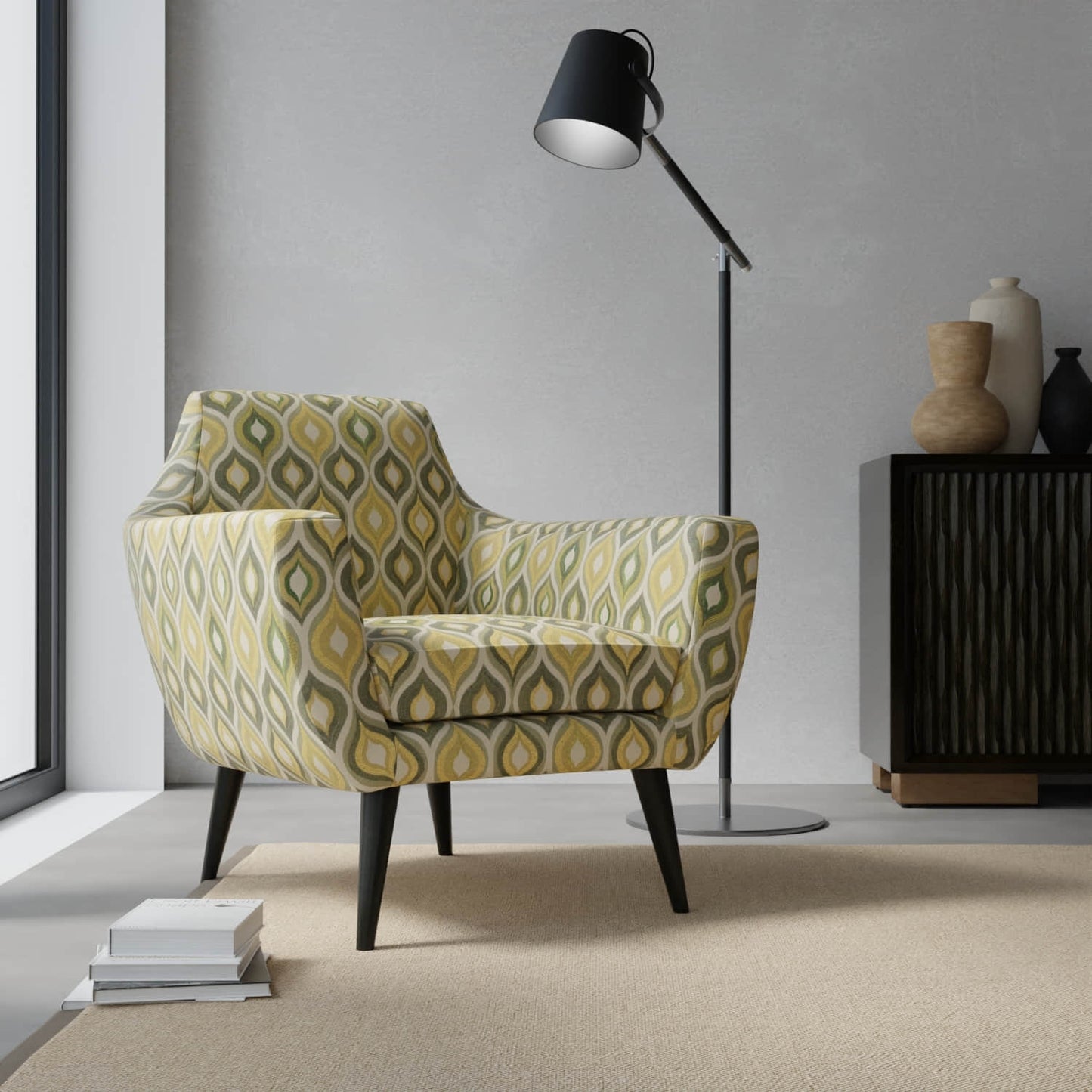 Darren Canary upholstered on a contemporary chair