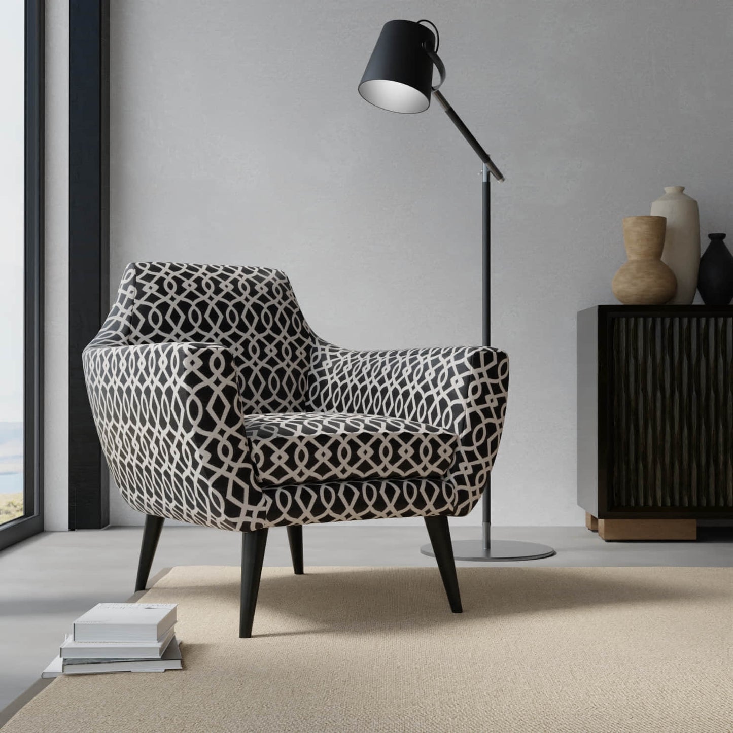 Ebern Black upholstered on a contemporary chair