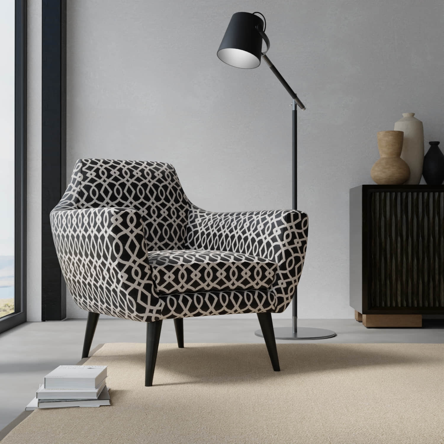 Ebern Black upholstered on a contemporary chair