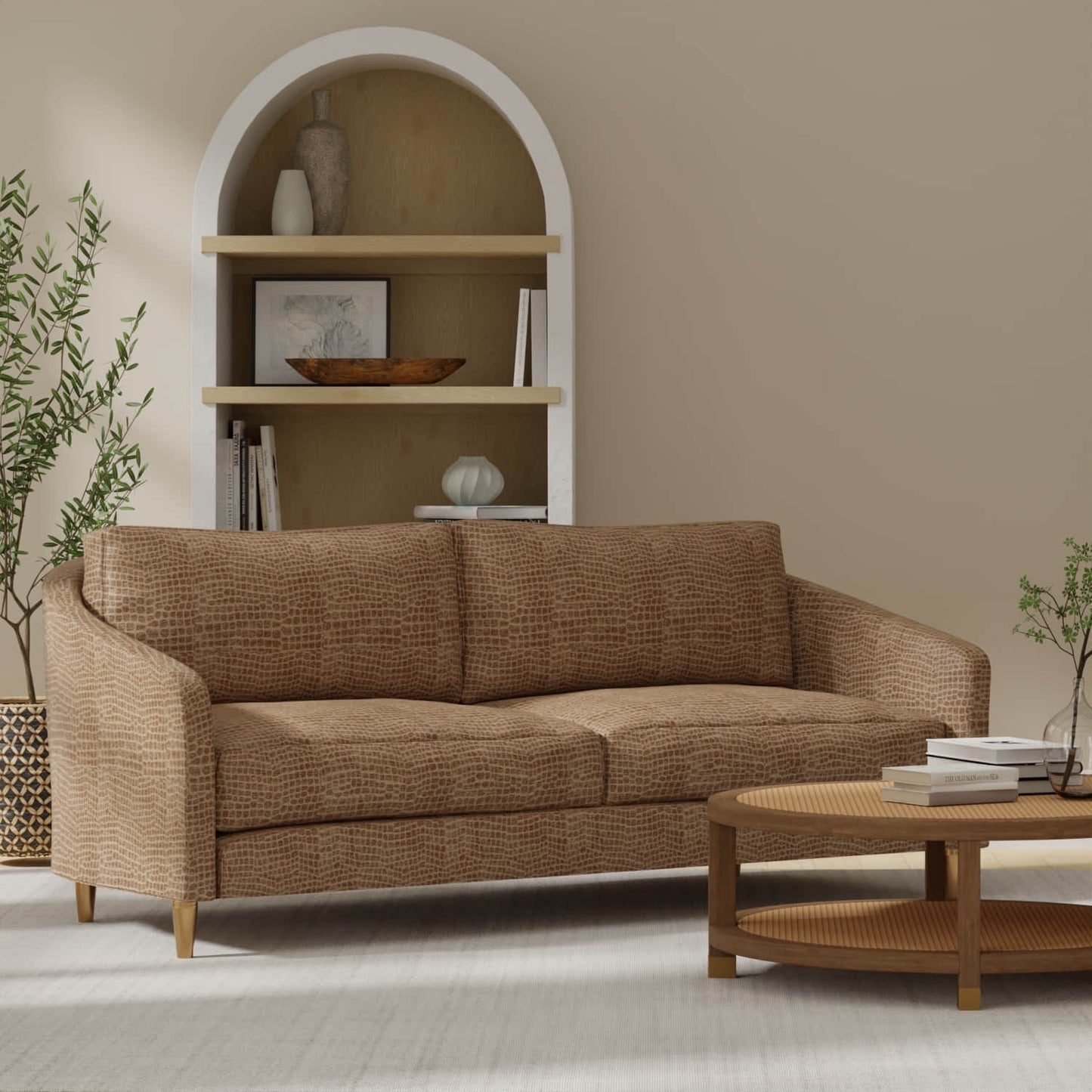 Electra Caramel upholstered on a couch