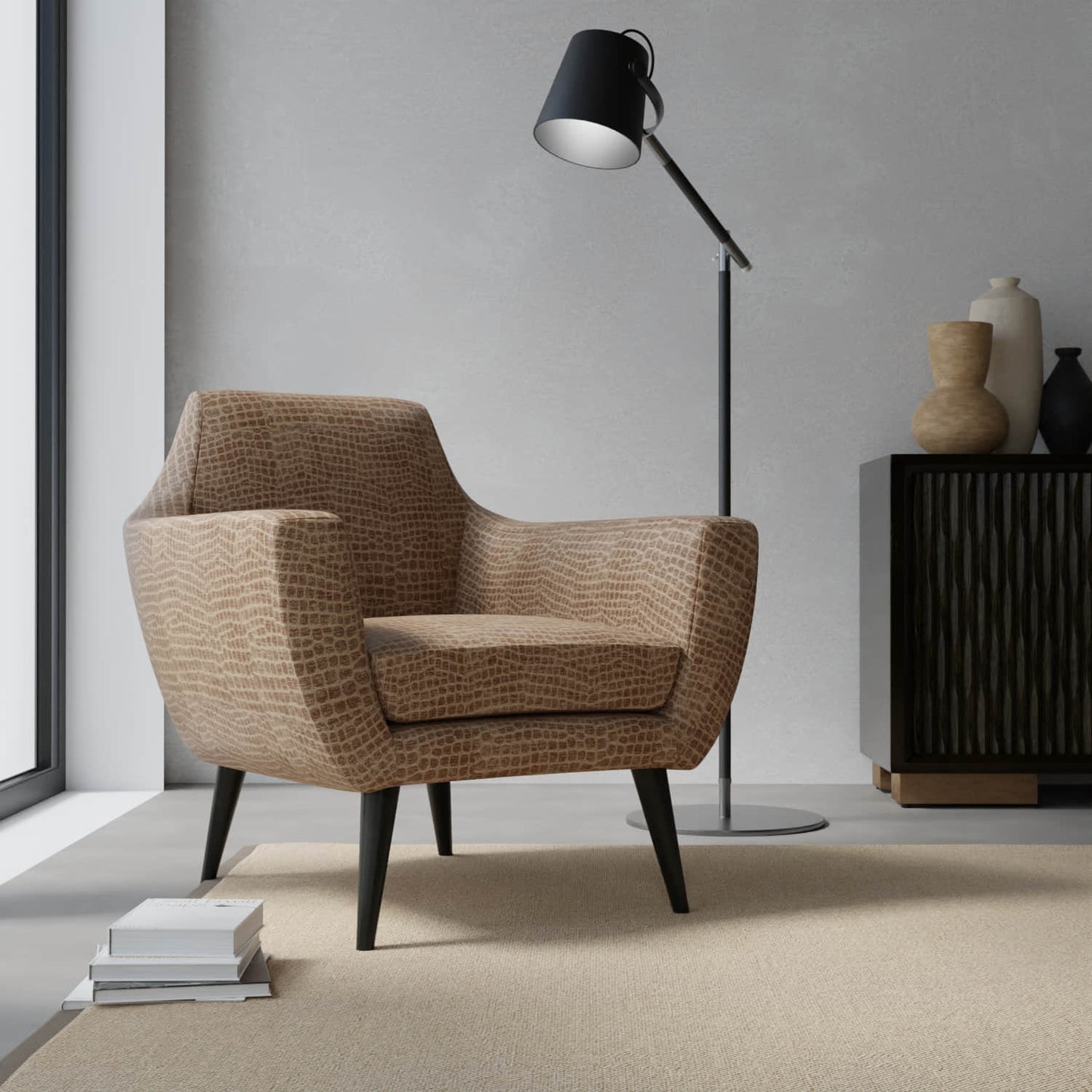 Electra Caramel upholstered on a contemporary chair