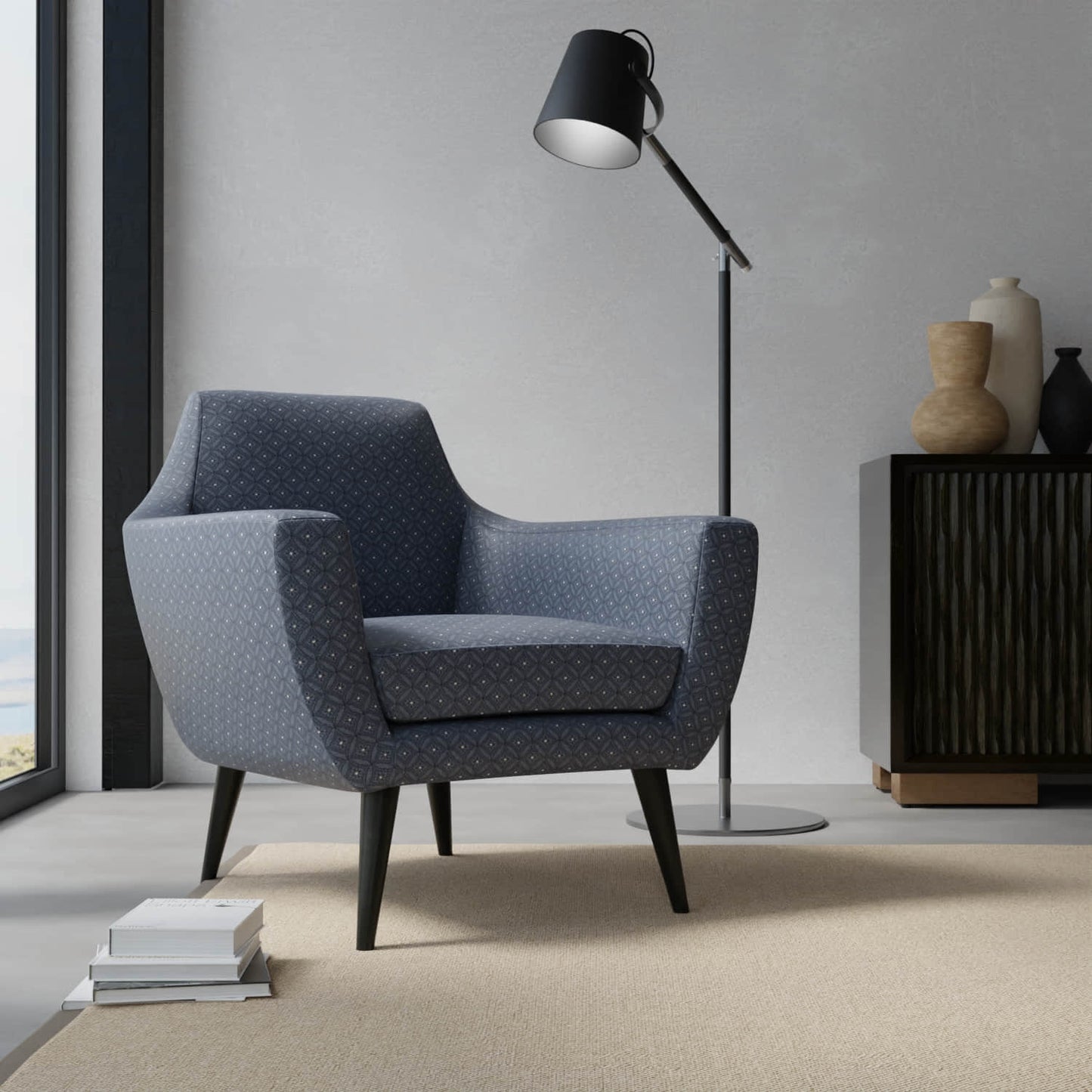 Elowen Navy upholstered on a contemporary chair