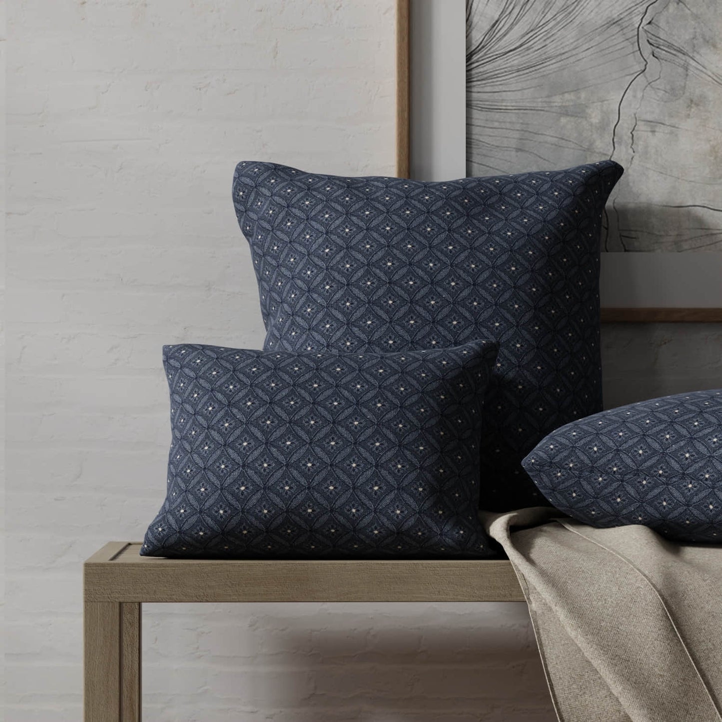 Elowen Navy made up on pillows