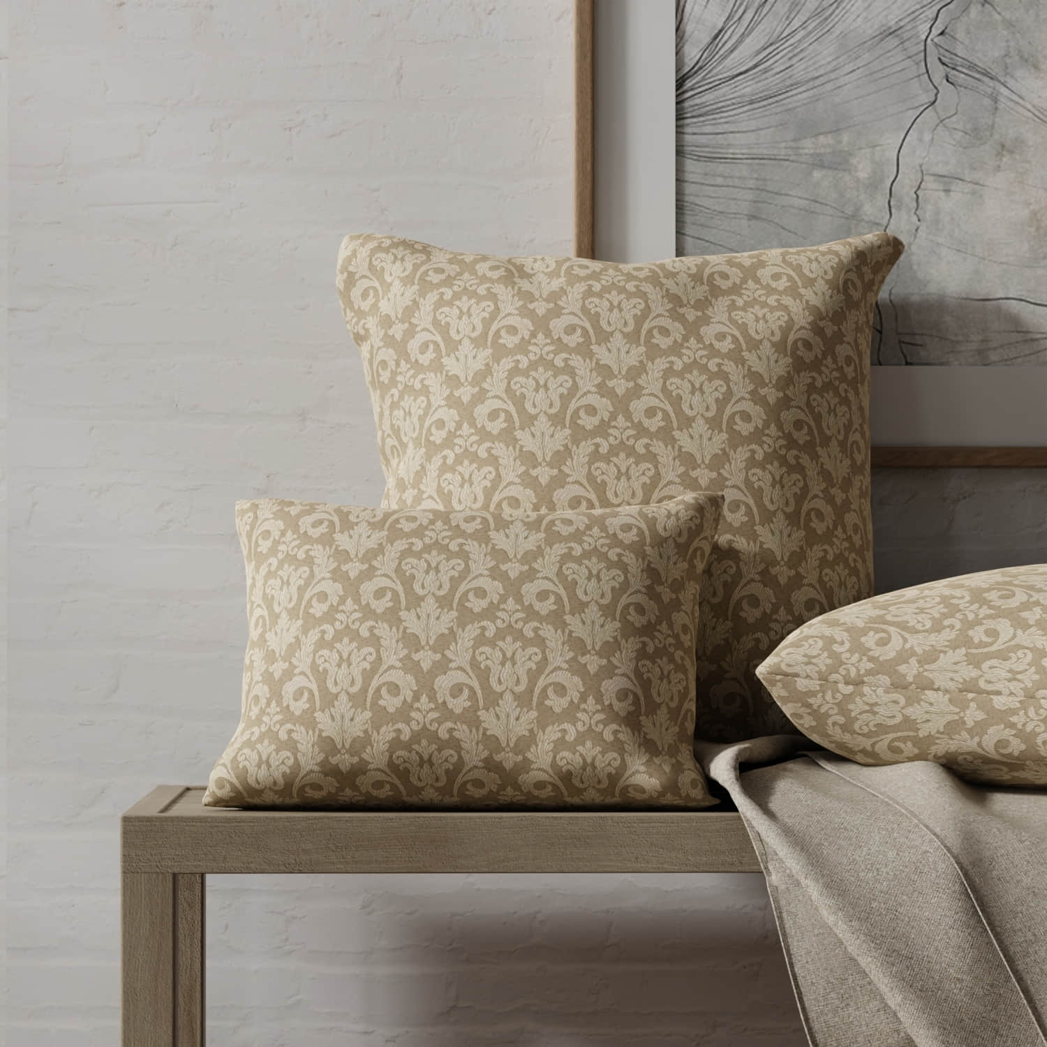 Holcomb Beige made up on pillows