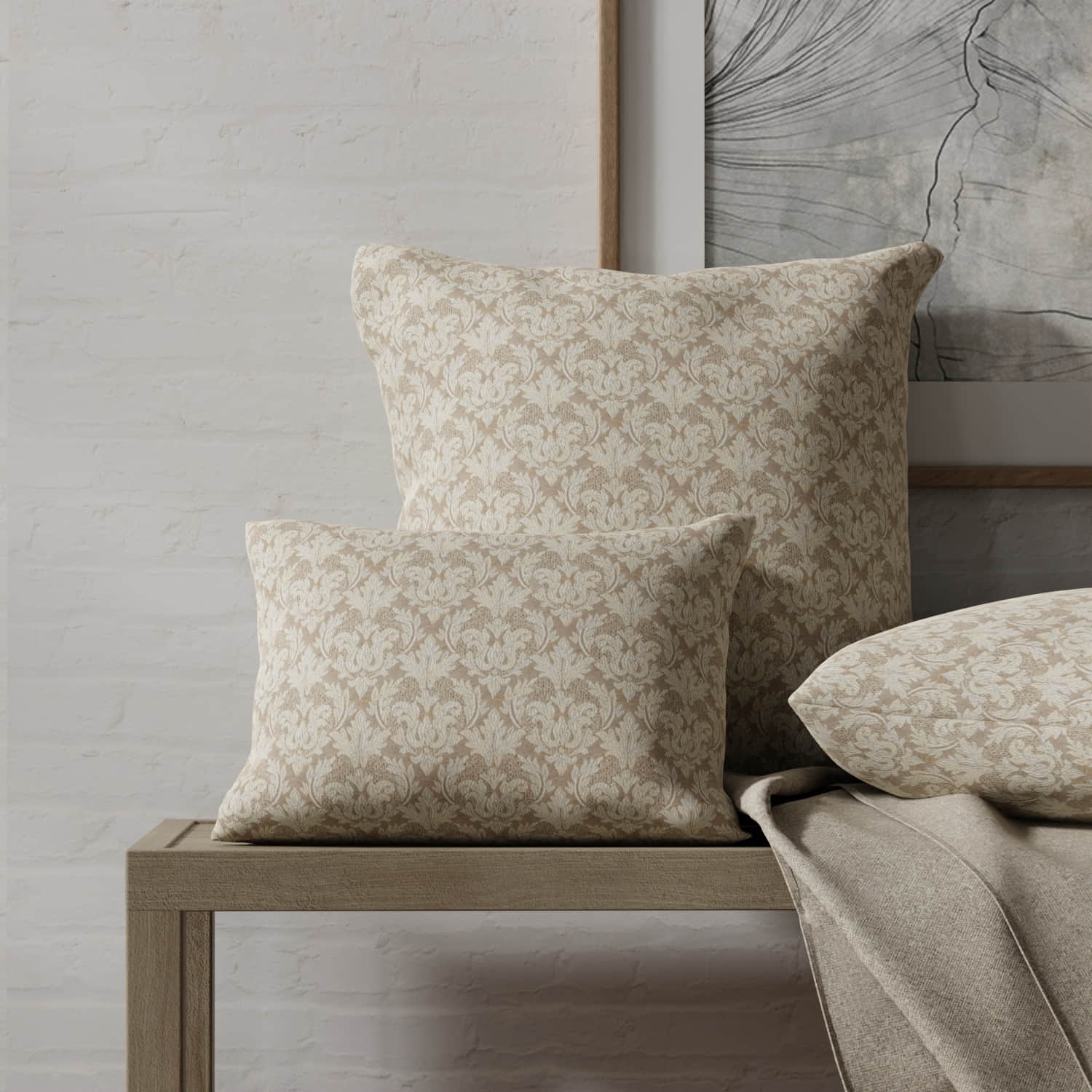 Hudson Beige made up on pillows