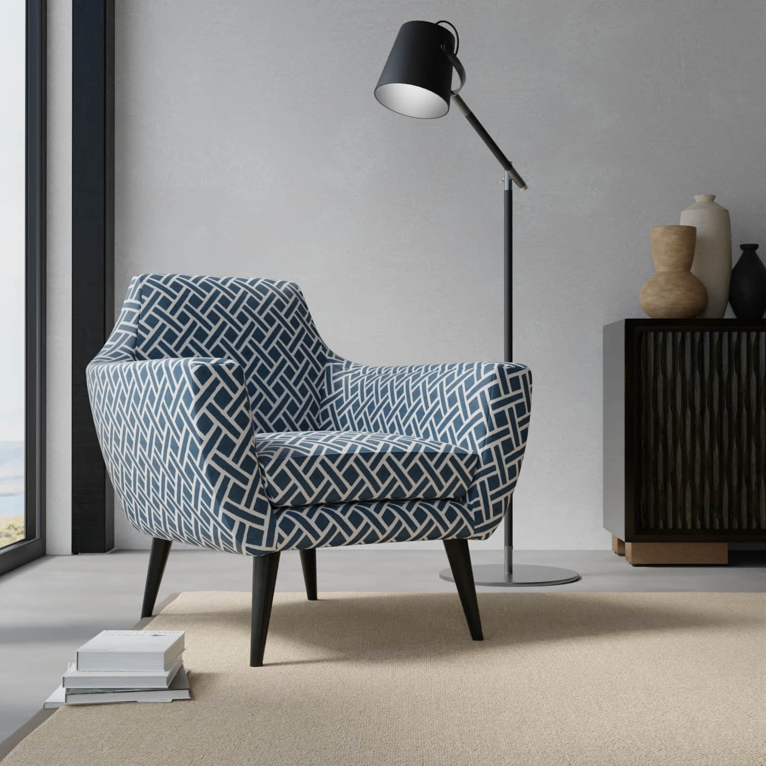 June Blueberry upholstered on a contemporary chair