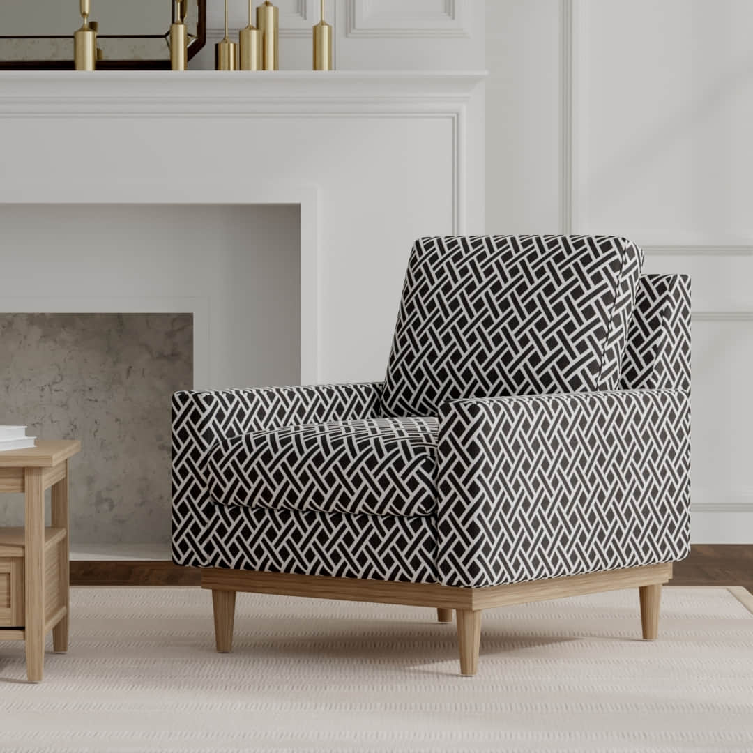 June Ebony upholstered on a mid century modern chair