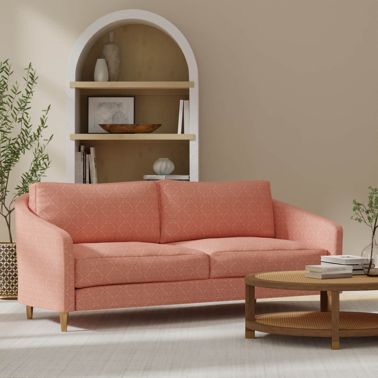 Lagos Rose upholstered on a couch