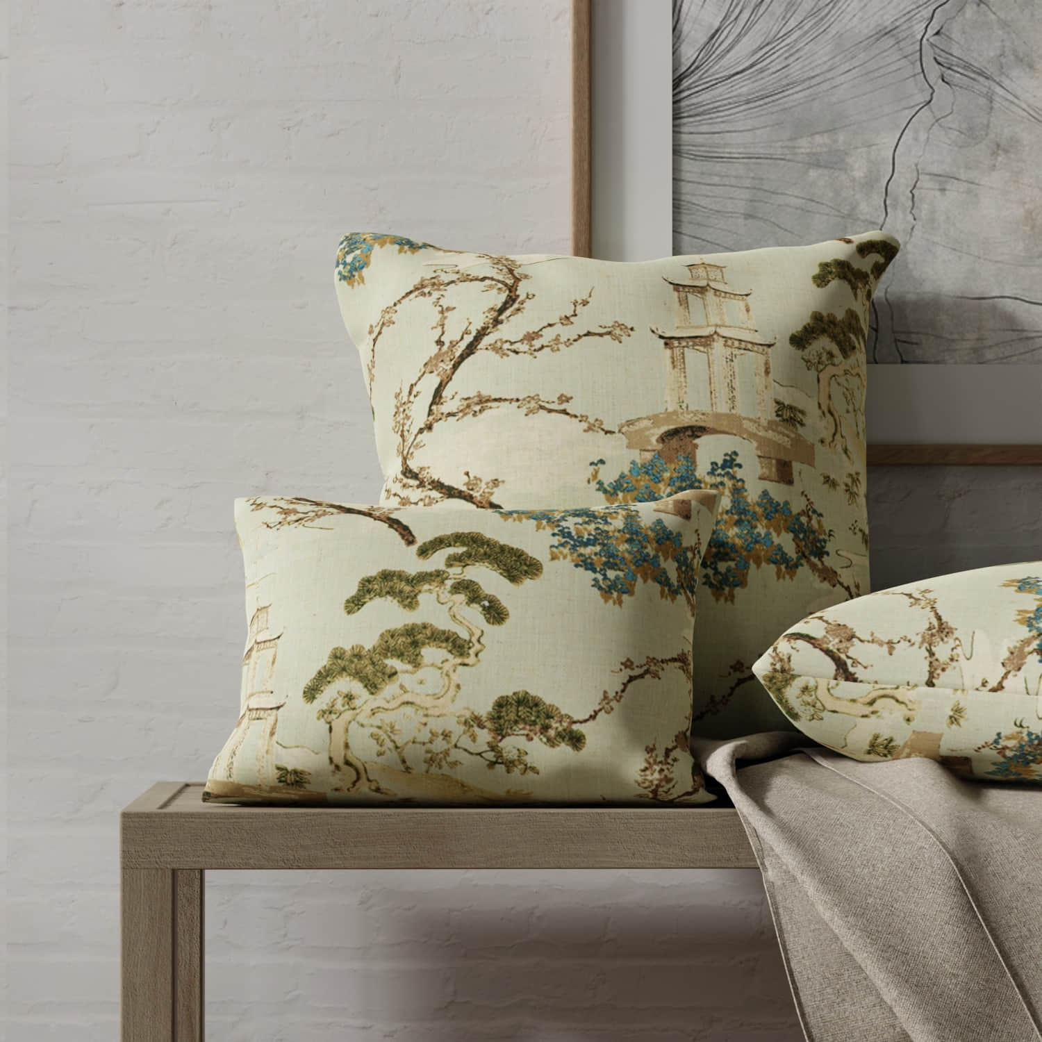 Linford Seafoam made up on pillows