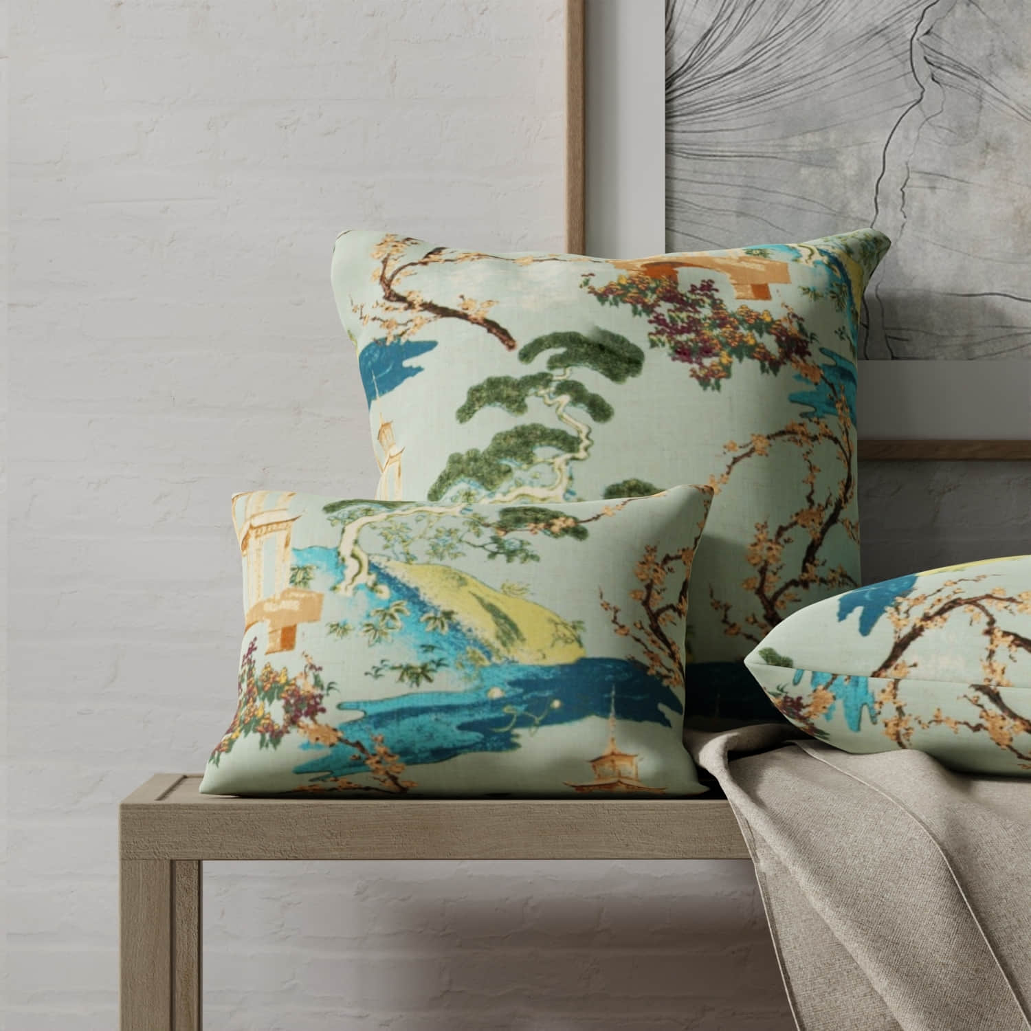 Linford Seaspray made up on pillows