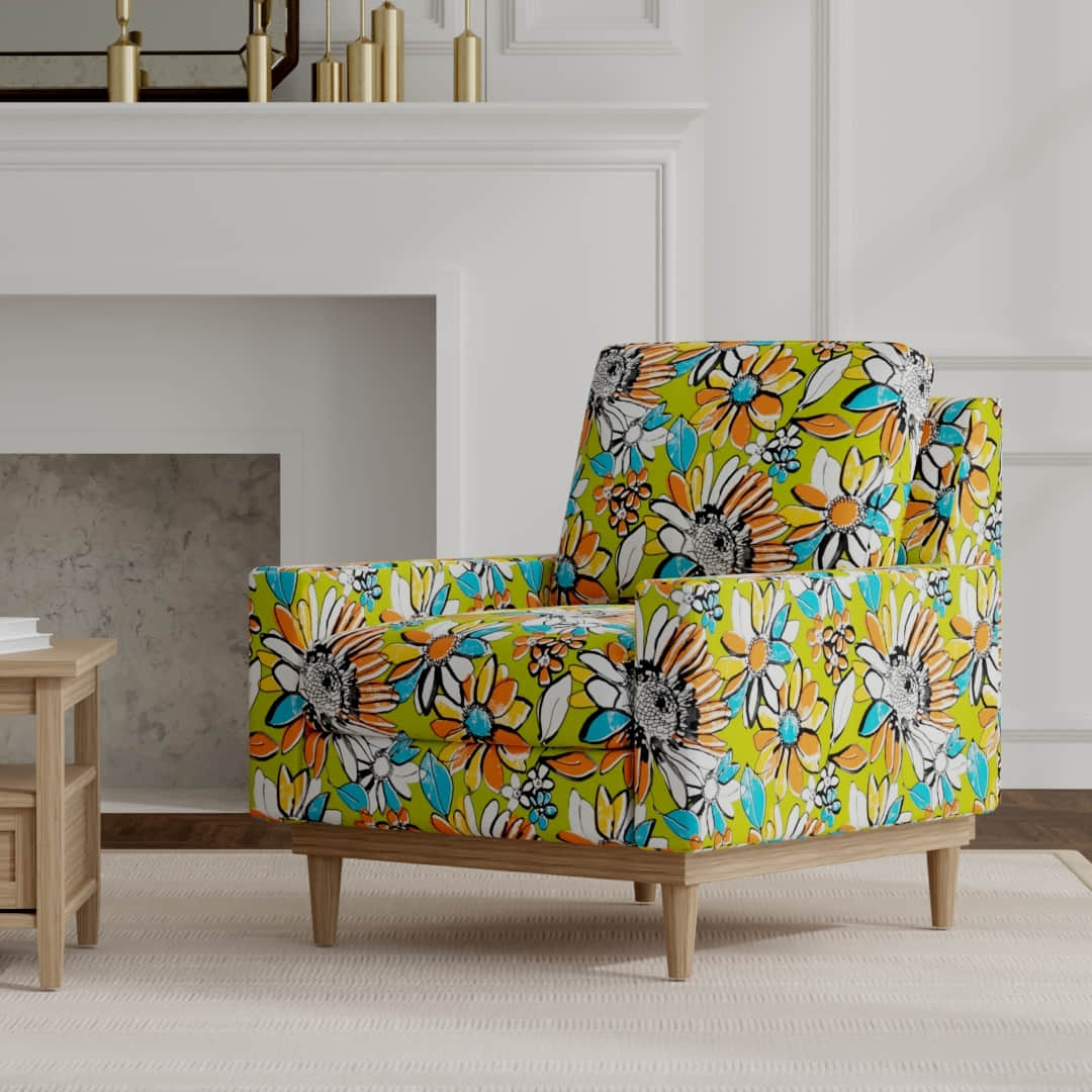 Lowery Chartreuse upholstered on a mid century modern chair