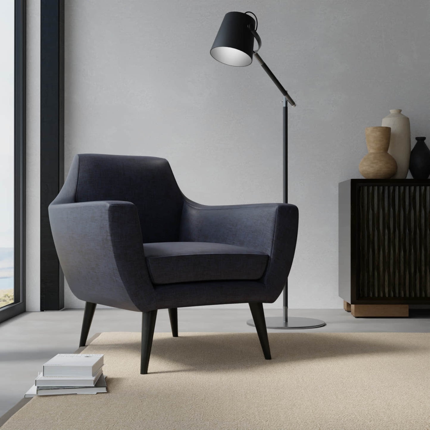 Mateo Midnight upholstered on a contemporary chair