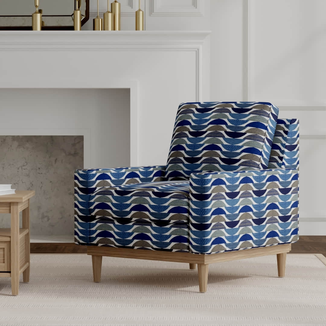 Mayer Indigo upholstered on a mid century modern chair