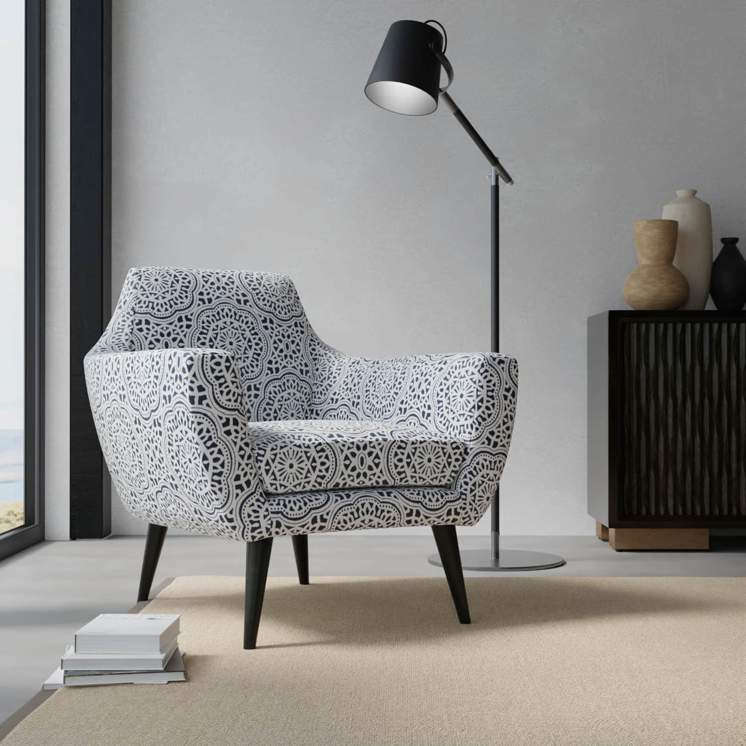 Newman Indigo upholstered on a contemporary chair