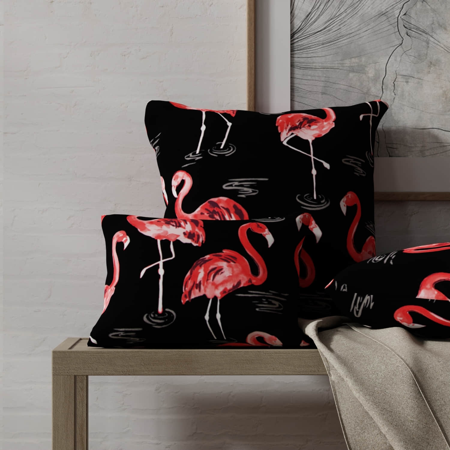 Palm Springs Flamingo made up on pillows