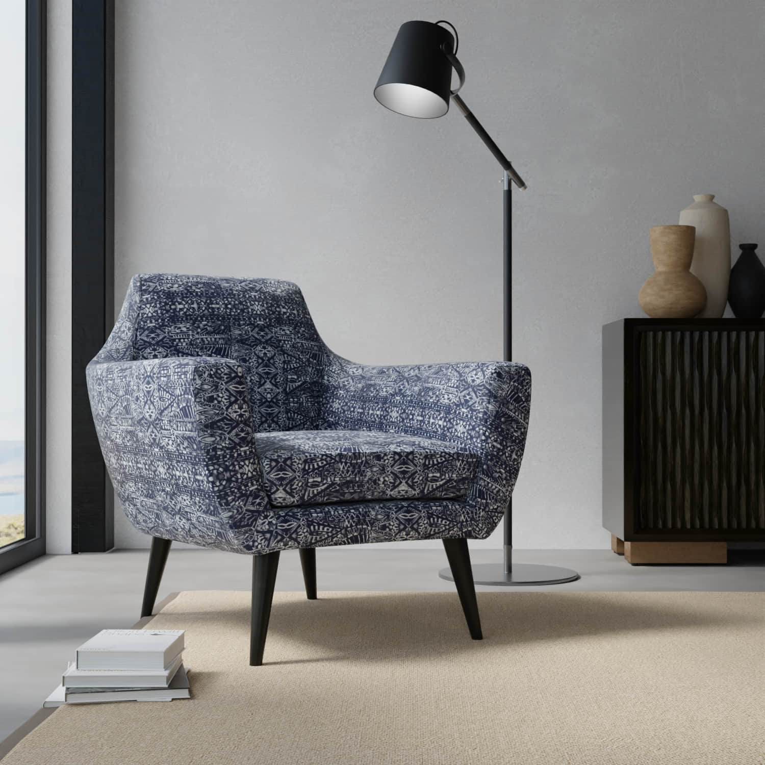 Riviera Midnight upholstered on a contemporary chair