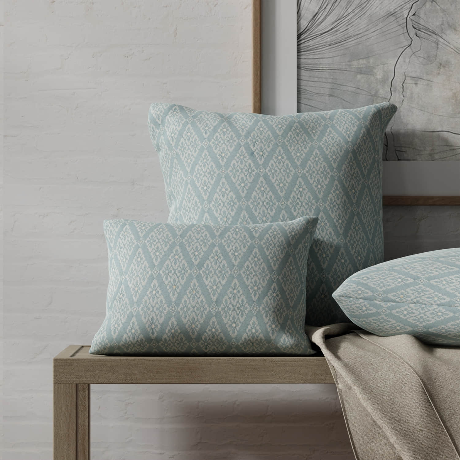 Waverly Azure made up on pillows