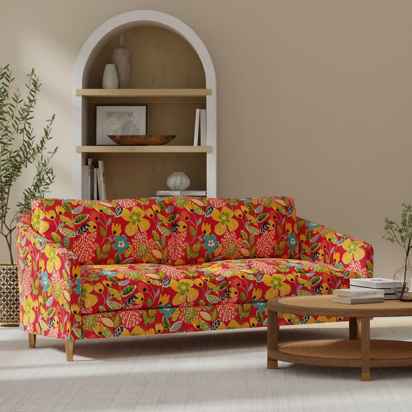 Zanzibar Poppy upholstered on a couch